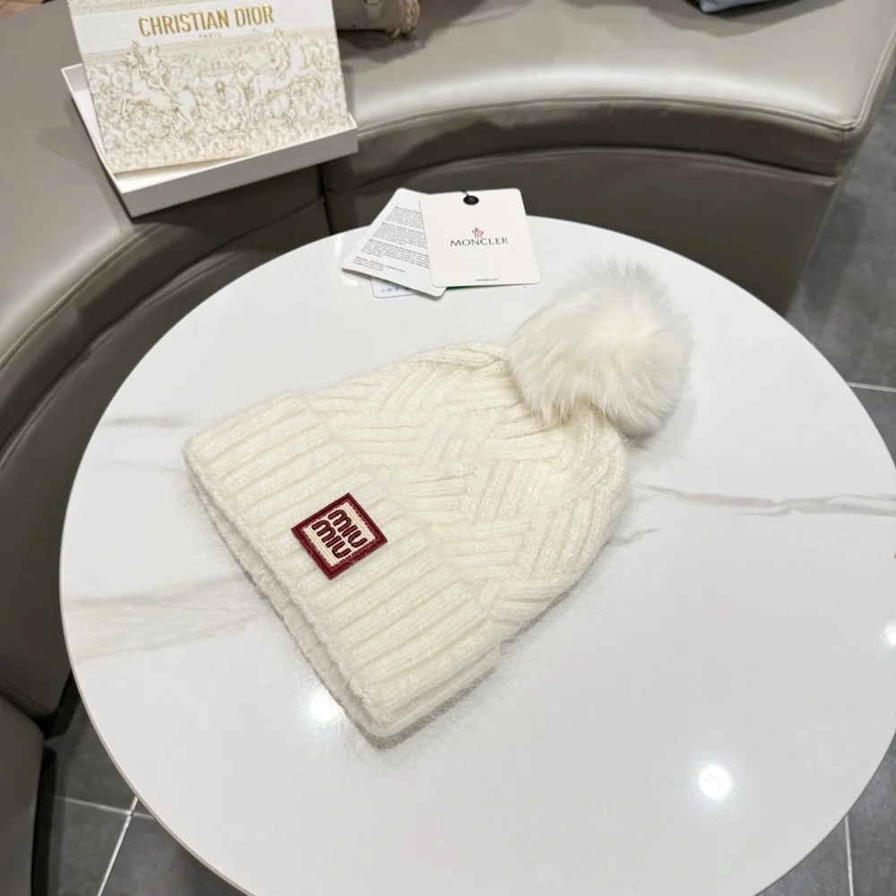 Miu Miu Off-White Knit Pom Beanie with Red Logo Patch